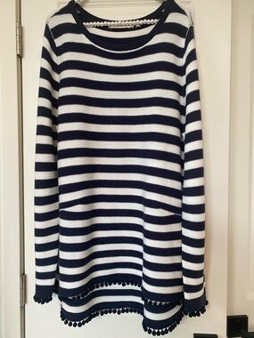 NEW Soft Surroundings sweater womens Size XL nautical Pom pom Striped Navy top
